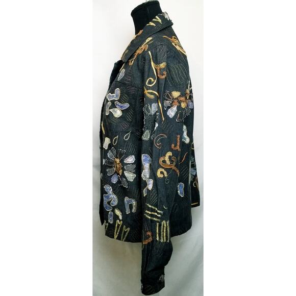 PM Coat Black Multi Embroidered Floral Boho Artsy - Picture 4 of 7